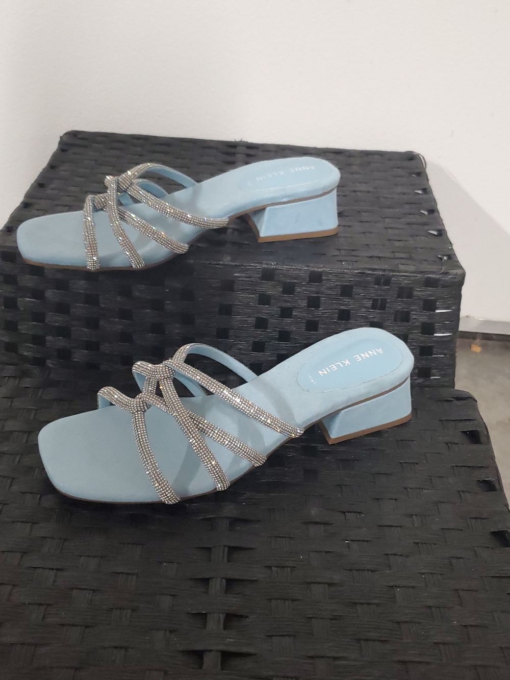 Anne Klein Light Blue Rhinestone Multi-Strap Block Heel Mules